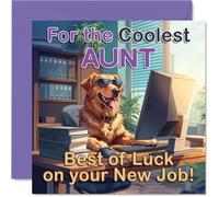 Supportive New Job Card for Aunt, Bold, Colourful Desk Scene | Cheerful Office Dog in Sunglasses Brings Fun Vibes, 145mm Square, Envelope Included