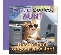 Supportive New Job Card for Aunt - Cheeky Cat in Sunglasses Brings a Smile - Fun Computer Motif for a New Adventure - 145mm Square, Envelope Included