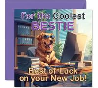 Supportive New Job Card for Bestie - Cheerful Pup in Sunglasses Brings Office Vibes - Fun Dog-at-desk Illustration - 145mm Square, Envelope Included