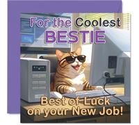 Supportive New Job Card for Bestie, Vibrant Design for a Standout Send-off | Cool Cat at the Computer Cheering You on, Fun, 145mm Square, Envelope Included