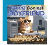 Supportive New Job Card for Boyfriend, Fun Design for a New Chapter | Cheeky Cat at the Computer with Shades, 145mm Square, Envelope Included