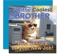 Supportive New Job Card for Brother - Cool Cat in Sunglasses at the Computer - Fun Blue and Orange Design - Cheerful Way to Wish Best of Luck - 145mm Square, Envelope Included