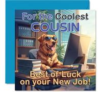 Supportive New Job Card for Cousin - Cheeky Dog in Shades Brings Office Vibes - Golden Retriever at a Desk Wishing Good Luck - 145mm Square, Envelope Included