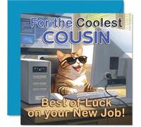Supportive New Job Card for Cousin - Cheerful Cat at the Computer - Bold, Colourful Design for a Fresh Start - Puts a Smile on Any Desk - 145mm Square, Envelope Included