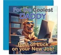 Supportive New Job Card for Daddy - Cheeky Dog in Sunglasses Brings Office Vibes - Fun Desk Scene with Bold Blue and Green Hues - 145mm Square, Envelope Included