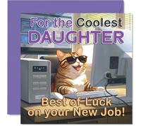 Supportive New Job Card for Daughter - Cool Cat at the Computer Brings Big New Job Energy - Bold Sunglasses Motif - 145mm Square, Envelope Included