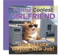 Supportive New Job Card for Girlfriend - Sending Big Congrats - Sunglasses Cat at the Computer Design - Helps Her Start the New Job with a Smile - 145mm Square, Envelope Included