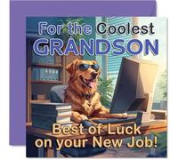 Supportive New Job Card for Grandson - Cheeky Dog in Sunglasses at the Office - Colourful Desk Scene for a Confident Send-off - 145mm Square, Envelope Included