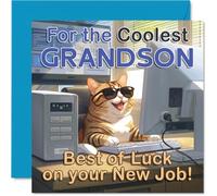Supportive New Job Card for Grandson - Cheeky Cat with Shades on a Computer - Fun Blue and Beige Design for New Beginnings - 145mm Square, Envelope Included