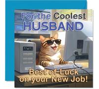 Supportive New Job Card for Husband - Cheeky Cat in Sunglasses Working Hard - Bold Blue and Orange Design - A Fun Boost for His Big First Day - 145mm Square, Envelope Included