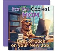 Supportive New Job Card for Mom - Cheerful Pup Sends Good Vibes - Sunglasses-wearing Golden Retriever at an Office Desk - 145mm Square, Envelope Included