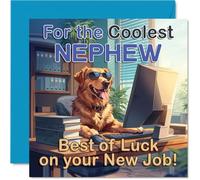 Supportive New Job Card for Nephew - Cool Canine Vibes for a Top New Start - Sunglasses-wearing Golden Retriever at the Office Desk - 145mm Square, Envelope Included