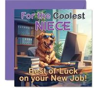 Supportive New Job Card for Niece - Cheerful Office Dog in Sunglasses Scene - Bursting with Bright Colours and Feel-good Vibes - 145mm Square, Envelope Included