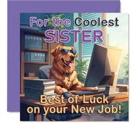 Supportive New Job Card for Sister - Cheeky Pup in Shades Brings Office Vibes - Golden Retriever at Desk with Bright Purple and Yellow - 145mm Square, Envelope Included