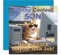 Supportive New Job Card for Son - Cheeky Feline at the Computer - Sunglasses-wearing Cat Design with Vibrant Blue and Orange - 145mm Square, Envelope Included