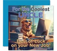 Supportive New Job Card for Uncle - Cheeky Golden Retriever in Sunglasses at an Office Desk - Playful Canine Theme for a Confident New Chapter - 145mm Square, Envelope Included