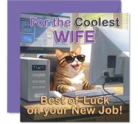 Supportive New Job Card for Wife, Fun Illustration Adds a Playful Twist | Cool Cat at the Computer Brings Positive Vibes, 145mm Square, Envelope Included