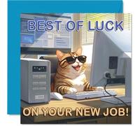 Supportive New Job Card - Paws-itively Smashing New Beginnings - Cool Cat at the Computer in Vivid Blue and Orange - 145mm Square, Envelope Included