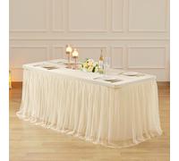 Suppromo 8ft Champagne Tulle Tablecloths for Rectangle Tables, 8 Foot Rectangular Table Cloth, Wrinkle Free Table Cover with Tutu Skirt for Wedding Birthday Party Banquet Buffet Cake Event
