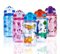 SUPPRUI Kids Water Bottles with Straw & Handle,600ml Drinks Bottle for School,Leakproof BPA free Sport Bottles for Girls Boys (Blue - Dinosaur)