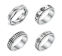 Supra Diamanto 6mm Stainless Steel Spinner Ring Set for Men & Women - 4 Pcs Rotatable Fidget Anxiety Relief Rings with Moon Star, Floral, Twist & Crescent Designs, Hypoallergenic Band Rings for Daily
