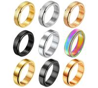 Supra Diamanto 9Pcs 6mm Stainless Steel Spinner Rings for Men & Women - Rotatable Fidget Anxiety Relief Rings with Matte & Brushed Finish, Multicolor Stress Relieving Band Rings for Daily Wear & Gifts
