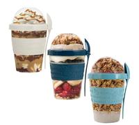 Suprano Reusable Yogurt Cups with Lid & Spoon 100% BPA Free Breakfast On the Go Cups with Topping Cereal 600ml Over Night Oats Container Smoothie Snack Jars (White, Blue Teal, Turquoise)