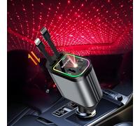 SUPRBIRD Retractable Car Charger 4 in 1, 66W USB C Car Charger Adapter with Retractable Cables, Starlight LED Car Interior Lights, Compatible with iPhone 15 14 13 Samsung Galaxy Google Huawei (Black)