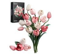 SupreOwls Pink White Botanicals Tulip Bouquet Building Set Artificial Tulips Flowers Gifts for Adults on Birthday, Valentine's Day, Christmas, Home Decor