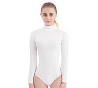 SUPRNOWA Turtleneck Leotard Long Sleeves Spandex Dance Workout Fitness Bodysuit for Women, White, XL