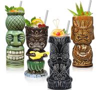 SuproBarware Tiki Glasses for Cocktails Mugs Set of 4 Ceramic Party Cups Bar Decor Creative Large Hawaiian Drinking Bar Decorations Vintage Tropical Drinkware Barware 4 Packs