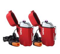 SUPRUS Waterproof 3 Modes of Flashlight Windproof Lighter Dual Arc Electric Rechargeable Dual Arc Plasma Lighters with Survival Emergency Whistle and Lanyard (Red, 2 Packs)