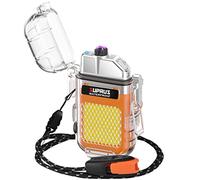 SUPRUS Waterproof Windproof Lighter Dual Arc Plasma Electric Rechargeable Lighter with Survival Emergency Whistle and Lanyard Orange