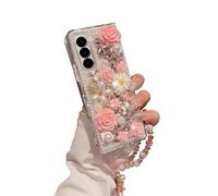 SupShop for Samsung Galaxy Z Fold 7 Bling Case Luxury Cute Diamond Glitter Crystal Rhinestone 3D Rose Flowers Pearl Handmade Phone Cover for Women Girls with Bracelet Lanyard,Pink