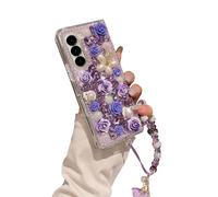 SupShop for Samsung Galaxy Z Fold 7 Bling Case Luxury Cute Diamond Glitter Crystal Rhinestone 3D Rose Flowers Pearl Handmade Phone Cover for Women Girls with Bracelet Lanyard,Purple