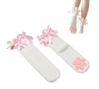 SUPTEC Fuzzy 3D Paw Pad Short Cat Paw Socks for Women, White&pink, One size