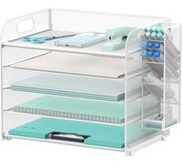 SUPTIDY 5 Tier Desk Organizer with Handle & Removable Pen Holders, Mesh Paper/File Organizer for Desk, Paper Letter Tray Organizer for Office Supplies, White