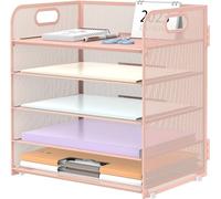 SUPTIDY 5 Trays Paper Organiser Letter Tray with Handle-Mesh Desk File Organiser, A4 Paper Sorter Desk Organiser for Office, Home or School, Pink