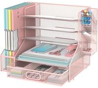 SUPTIDY Desk Organiser with File Holder, 5-Tier Mesh Paper Letter Tray Organiser with Pen Holder and Drawer, Desktop Organiser and Storage with 3 Tilted File Sorter for Office Supplies, Pink