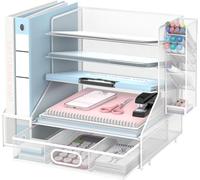 SUPTIDY Desk Organiser with File Holder, 5-Tier Mesh Paper Letter Tray Organiser with Pen Holder and Drawer, Desktop Organiser and Storage with 3 Tilted File Sorter for Office Supplies, White