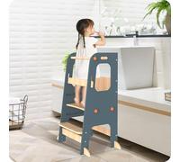 SUPTIDY Montessori Wooden Learning Tower - Height Adjustable Kitchen Stool (3 Levels) with Non-Slip Feet & Safety Bar - For Children 1.5-5 Years, Dark Blue