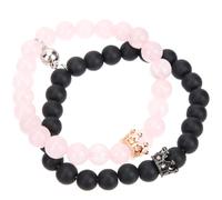 SUPVOX 1 Pair Couples Beads Bracelet Zircon Crown Beads, Black Matte and Pink Beaded Matching Relationship Wrist for Him and Her Valentine’s