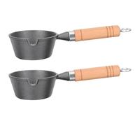 SUPVOX 2pcs Mini Cast Iron Butter Warmer Pot with Spout, Small 11cm Diameter Pour Oil Pan for Stovetop Cooking, Milk and Boiled Egg Saucepan with Wooden Handle for Kitchen Use