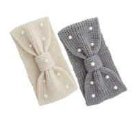 SUPVOX 2pcs Pearl Embellished Knit Bowknot Headbands, Thick Crochet Ear Warmers for Women, Winter Warm Head Wraps with Dark Grey and Light Grey Colors, Soft Snow Ear Scarves