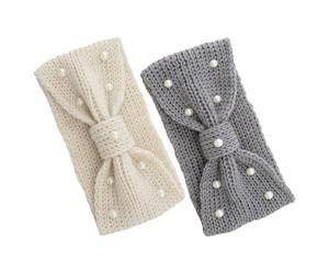 SUPVOX 2pcs Pearl Embellished Knit Bowknot Headbands, Thick Crochet Ear Warmers for Women, Winter Warm Head Wraps with Dark Grey and Light Grey Colors, Soft Snow Ear Scarves