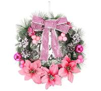 SUPVOX Christmas Wreath Merry Christmas Pine Berries Poinsettia Bow Ball Hanging Decor Front Door Home Wall Window Party Decoration Pendant (Pink) 30cm
