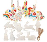 SUPVOX 36 Pcs Unfinished Wooden Bunny Slices with String Easter Craft Decorations DIY Wood Cutouts Rabbit Carrot Hanging Ornaments for Party and Home