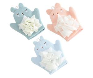 SUPVOX 3Pcs Bath Mitts Reusable Wash Gloves for Bathing, Dual-Sided Cartoon Bath Sponge Gloves Set in Blue, Orange Pink, and Mint Green for Shower