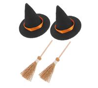 SUPVOX 4pcs Halloween Miniature Witch Hat and Natural Straw Broom Set Tiny Witch Hat Ornament for Dollhouse Decoration Black Mini with Brooms for Halloween Crafts and Party Scenes
