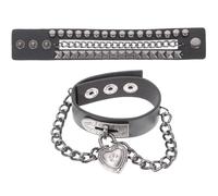 SUPVOX Black Leather Studded Bracelet with Heart Lock, Punk Goth Multilayer Chain Wrist Cuff for Women, Gothic Cosplay Accessories